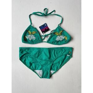 Vtg 70s BALRTRIK Green Embroidered Floral Bikini Germany Sz 38 Two Piece